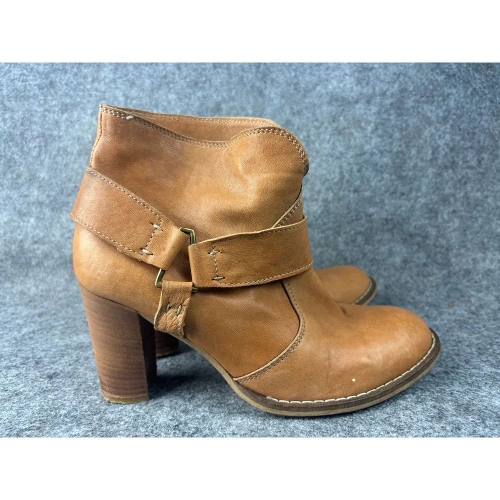 Sundance Leather Ankle Boots Womens 41 Tan Buckle Strap Stacked Block Heel 64921